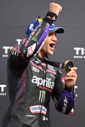 RECORD DATE NOT STATED 8th August 2026; Silverstone Circuit, Northamptonshire, England; 2026 MotoGP Grand Prix of Great Britain, Qualifying Day; Jorge Martin of Aprilia Racing celebrates winning the MotoGP Sprint Race after receiving his winners medal SimonxWest