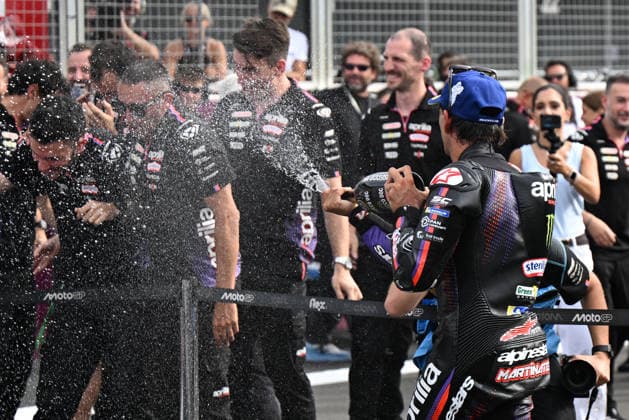 RECORD DATE NOT STATED 8th August 2026; Silverstone Circuit, Northamptonshire, England; 2026 MotoGP Grand Prix of Great Britain, Qualifying Day; Jorge Martin of Aprilia Racing celebrates with prosecco after winning the MotoGP Sprint Race and receiving his winners medal SimonxWest