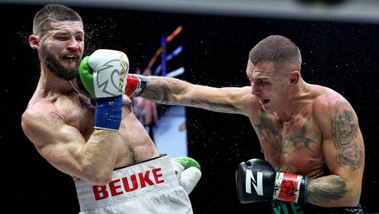 Zuffa Boxing 10, 3Arena, Dublin 8 8 2026 Conor Coyle lands a punch on Mark Beuke Conor Coyle lands a punch on Mark Beuke 8 8 2026  Copyright: xx NE1Z3414
