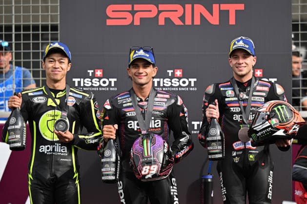 RECORD DATE NOT STATED 8th August 2026; Silverstone Circuit, Northamptonshire, England; 2026 MotoGP Grand Prix of Great Britain, Qualifying Day; the podium for the MotoGP Sprint Race, 3rd Marco Bezzecchi of Aprilia Racing, 2nd Ai Ogura of SuperFile Trackhouse MotoGP Team, 1st Jorge Martin of Aprilia Racing SimonxWest