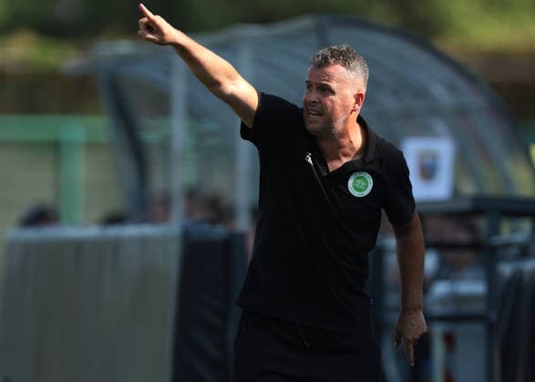 Biella, Italy, 8th August 2026. Mariglen Kule Head Coach of KFF Apolonia reacts during the SCU Torreense vs KFF Apolonia UEFA Womens Champions League Play Offs 3rd place match at Stadio Vittorio Pozzo, Biella. Picture credit should read: Jonathan Moscrop Sportimage EDITORIAL USE ONLY. No use with unauthorised audio, video, data, fixture lists, club league logos or live services. Online in-match use limited to 120 images, no video emulation. No use in betting, games or single club league player publications. SPI_023_TORREENSE_APOLONIA SPI-4905-0023