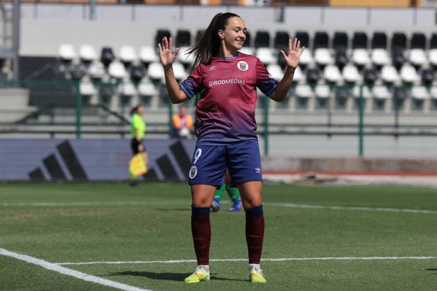 Biella, Italy, 8th August 2026. Janaina Eloisa Weimer of SCU Torreense celebrates after scoring to give the side a 1-0 lead during the SCU Torreense vs KFF Apolonia UEFA Womens Champions League Play Offs 3rd place match at Stadio Vittorio Pozzo, Biella. Picture credit should read: Jonathan Moscrop Sportimage EDITORIAL USE ONLY. No use with unauthorised audio, video, data, fixture lists, club league logos or live services. Online in-match use limited to 120 images, no video emulation. No use in betting, games or single club league player publications. SPI_029_TORREENSE_APOLONIA SPI-4905-0028