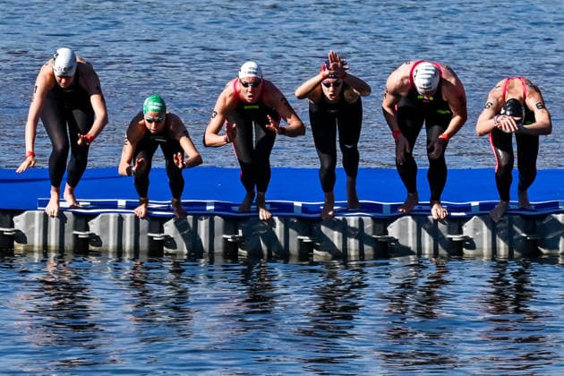 Athletes start in the open water swimming 4x1500m Mixed Relay Final during the European Aquatics Championships at the River Seine in Paris (France), August 8, 2026. Andrea Masini Deepbluemedia Insidefoto