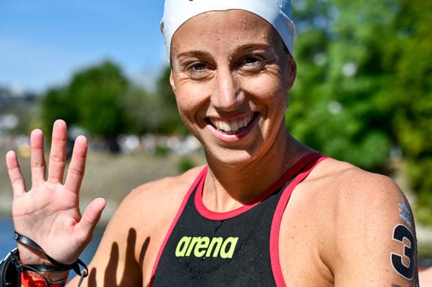 Ginevra Taddeucci of Italy reacts after competing in the open water swimming 4x1500m Mixed Relay Final during the European Aquatics Championships at the River Seine in Paris (France), August 8, 2026. Andrea Staccioli Deepbluemedia Insidefoto