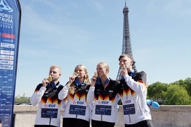 Open Water, 4 x 1500m Mixed Team, team Germany gold medal at the European Aquatics Championships Paris 2026, Paris, August 08, 2026 .  Copyright: xGianxMattiaxD Alberto LaPressex