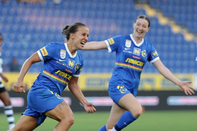 SOCCER - WCL, St.Poelten vs Sporting SANKT POELTEN,AUSTRIA,08.AUG.26 - SOCCER - UEFA Women s Champions League, qualification, SKN Sankt Poelten vs Sporting CP. Image shows the rejoicing of Fanny Vago and Magdalena Rukavina (St.Poelten).  GEPAxpictures xWalterxLuger