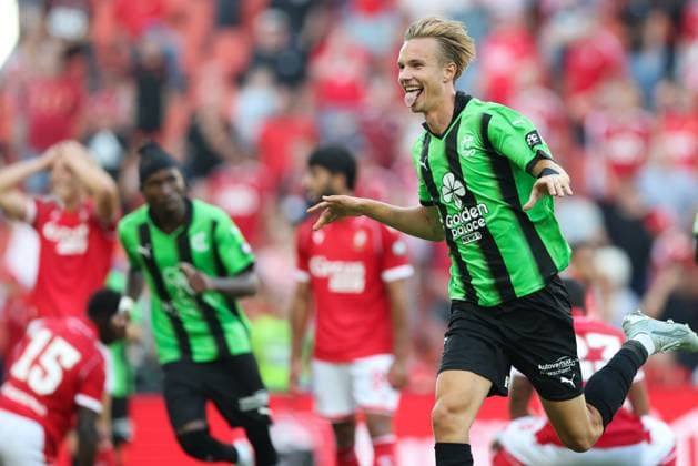 Cercle s Christiaan Ravych celebrates after scoring during a soccer match between Standard de Liege and Cercle Brugge, Saturday 8 August 2026 in Liege, on day 1 of the 2026-2027 Jupiler Pro League first division of the Belgian championship. BRUNOxFAHY  x182967891x