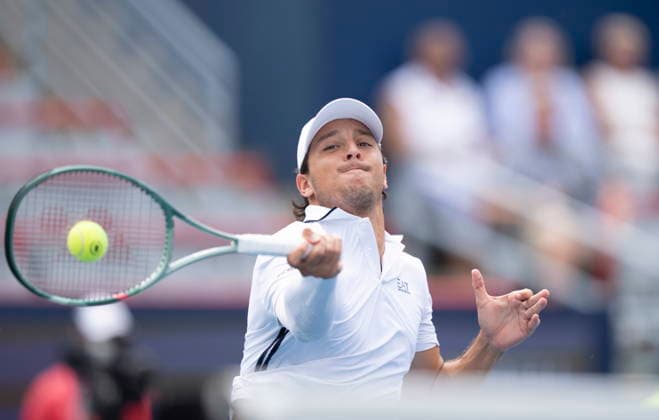 August 8, 2026, Montreal, Pq, Canada: Luciano Darderi of Italy hits a return to Nuno Borges of Portugal during round of 16 National Bank Open tennis action in Montreal on Saturday, Aug. 8, 2026. Canada News - August 8, 2026  - ZUMAc35_ 20260808_zaf_c35_014 Copyright: xChristinnexMuschix