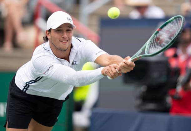August 8, 2026, Montreal, Pq, Canada: Luciano Darderi of Italy hits a return to Nuno Borges of Portugal during round of 16 National Bank Open tennis action in Montreal on Saturday, Aug. 8, 2026. Canada News - August 8, 2026  - ZUMAc35_ 20260808_zaf_c35_016 Copyright: xChristinnexMuschix