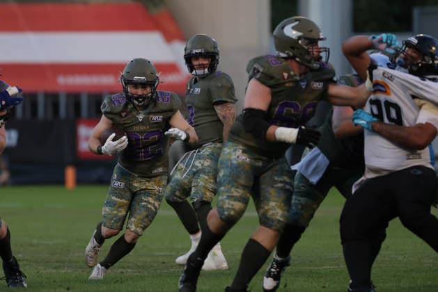 AMERICAN FOOTBALL - AFLE, Vikings vs Panthers VIENNA,AUSTRIA,08.AUG.26 - AMERICAN FOOTBALL - AFLE, American Football League Europe, Vienna Vikings vs Panthers Wroclaw. Image shows Albert Wiesigstrauch (Vikings).  GEPAxpictures xDavidxBitzan