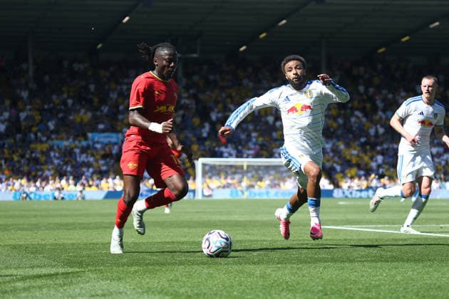 Leeds United v Leipzig, Pre-Season Friendly jayden bogle goes in for a tackle during the Pre-Season Friendly match between Leeds United and Leipzig at Elland Road, Leeds, UK on 8 August 2026. Leeds Elland Road West Yorkshire UK Editorial use only , Copyright: xStevexMowerx PSI-24676-0090