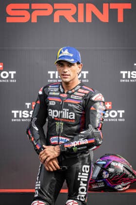 RECORD DATE NOT STATED 8th August 2026; Silverstone Circuit, Northamptonshire, England; 2026 MotoGP Grand Prix of Great Britain, Qualifying Day; Jorge Martin of the Aprilia Racing Team celebrates on the podium after winning the Tissot sprint race GodfreyxPitt