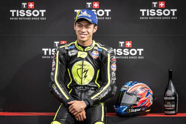 RECORD DATE NOT STATED 8th August 2026; Silverstone Circuit, Northamptonshire, England; 2026 MotoGP Grand Prix of Great Britain, Qualifying Day; Ai Ogura of the Trackhouse Aprilia Team celebrates on the podium after coming second in the Tissot sprint race GodfreyxPitt