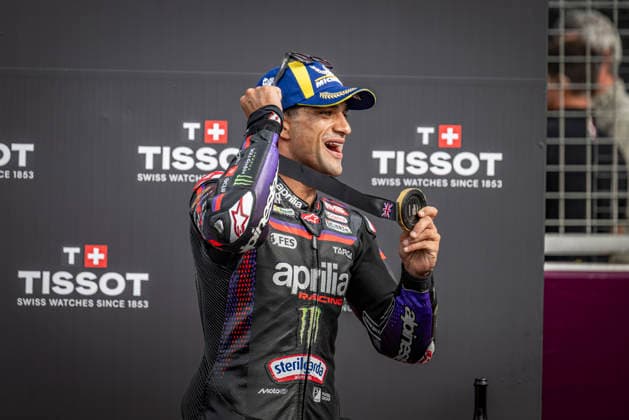 RECORD DATE NOT STATED 8th August 2026; Silverstone Circuit, Northamptonshire, England; 2026 MotoGP Grand Prix of Great Britain, Qualifying Day; Jorge Martin of the Aprilia Racing Team celebrates on the podium after winning the Tissot sprint race GodfreyxPitt