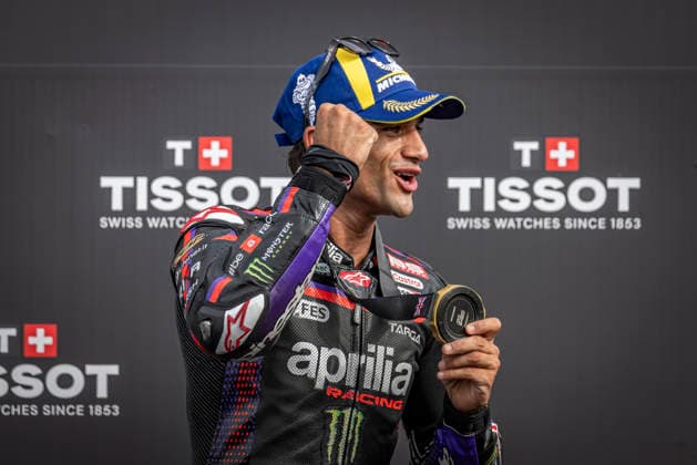 RECORD DATE NOT STATED 8th August 2026; Silverstone Circuit, Northamptonshire, England; 2026 MotoGP Grand Prix of Great Britain, Qualifying Day; Jorge Martin of the Aprilia Racing Team celebrates on the podium after winning the Tissot sprint race GodfreyxPitt