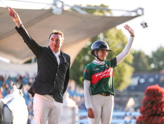 2026 Dublin Horse Show, RDS, Dublin 8 8 2026 Defender Puissance (International Comp 12) Joint winners Jordan Coyle of Ireland and Rachel Proudley of Great Britain after the Puissance Jordan Coyle of Ireland and Rachel Proudley of Great Britain after the Puissance 8 8 2026  Copyright: xx RDR_6980