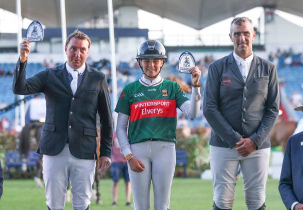 2026 Dublin Horse Show, RDS, Dublin 8 8 2026 Defender Puissance (International Comp 12) Joint winners Jordan Coyle of Ireland and Rachel Proudley of Great Britain and third place finisher Derek McCoppin of Ireland after the Puissance Jordan Coyle, Rachel Proudley and Derek McCoppin after the Puissance 8 8 2026  Copyright: xx RDR_7034