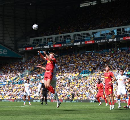 Leeds United v Leipzig, Pre-Season Friendly leipzig defenders leap for a high cross during the Pre-Season Friendly match between Leeds United and Leipzig at Elland Road, Leeds, UK on 8 August 2026. Leeds Elland Road West Yorkshire UK Editorial use only , Copyright: xStevexMowerx PSI-24676-0113