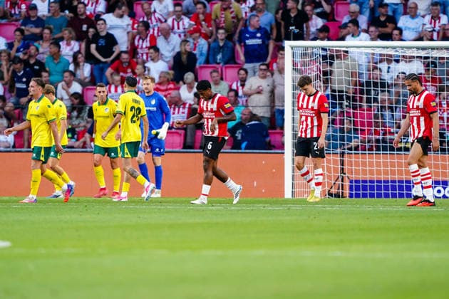 2026-08-08 PSV Eindhoven v Fortuna Sittard - Dutch Eredivisie EINDHOVEN, NETHERLANDS - AUGUST 8: Ryan Flamingo of PSV Eindhoven looks dejected during the Dutch Eredivisie match between PSV Eindhoven and Fortuna Sittard at Philips Stadion on August 8, 2026 in Eindhoven, Netherlands. Eindhoven Philips Stadion Netherlands Content not available for redistribution in The Netherlands directly or indirectly through any third parties. Copyright: xAndrexWeeningx