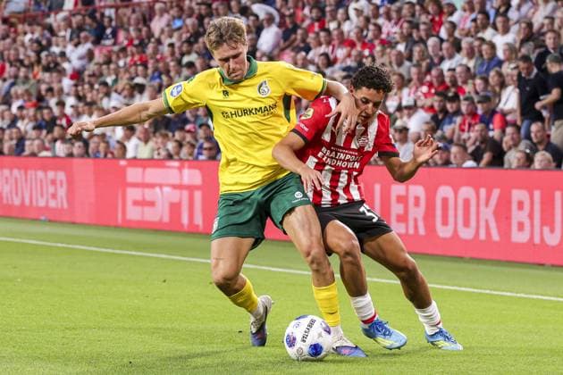 EINDHOVEN , 08-08-2026 , Philips stadium , season 2026 2027 , Dutch Eredivisie football , match between PSV and Fortuna Sittard , picture shows PSV player Sven Mijnans Fortuna Sittard player Siebe Wylin and PSV Player Amir Bouhamdi PSV - Fortuna  x205557694x Copyright: