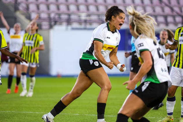 260808 UWCL OH Leuven vs Fenerbahce Jada Conijnenberg (9) of OH Leuven celebrating her goal (1-1) during a female soccer game between OH Leuven (BEL) and Fenerbahce (TUR) Final of second qualifying round of UEFA Champions League Mini Tournament 5, on Saturday 8 August 2026 in LEUVEN , BELGIUM . PHOTO SPORTPIX Sevil Oktem LEUVEN DEN DREEF BELGIUM  Copyright: xSportpix.bex xSevilxOktemxSevilxOktemx