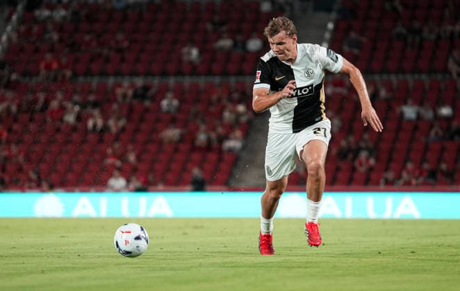 ESP: RCD Mallorca vs Elversberg Pre Season match 2026 2027 Lasse Gunther of Elversberg during Pre Season match between RCD Mallorca and Elversberg played at Estadio de Son Moix, on August 08, 2026 Palma de Mallorca, Spain. Palma de Mallorca Spain Football *** ESP RCD Mallorca vs. Elversberg, 2026–2027 Preseason Match: Lasse Gunther of Elversberg during the preseason match between RCD Mallorca and Elversberg, played at Estadio de Son Moix on August 8, 2026, in Palma de Mallorca, Spain. Palma de Mallorca, Spain. Soccer Copyright: xNandoxTorresx