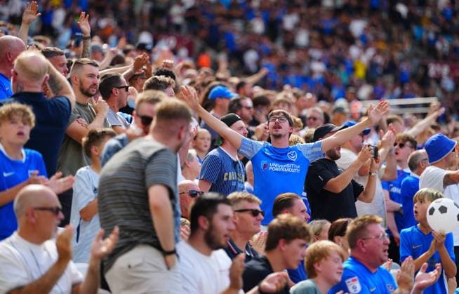 Portsmouth fans West Ham United v Portsmouth, EFL Carabao Cup, First Round, Football, London Stadium, London, UK - 08 Aug 2026London London Stadium United Kingdom EDITORIAL USE ONLY No use with unauthorised audio, video, data, fixture lists, club league logos or live services. Online in-match use limited to 120 images, no video emulation. No use in betting, games or single club league player publications.  Copyright: xJavierxGarcia Shutterstockx 17051072bu