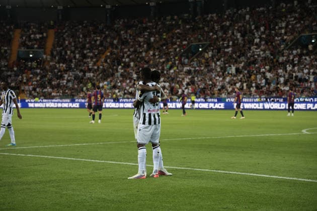 IPA87331736 - UDINESE S VAKOUN BAYO celebrates after scoring a goal during the FVG Cup match between Udinese Calcio and Nottingham Forest Football Club at the Bluenergy Stadium in Udine, Italy, on August 8, 2026.  Copyright: xMattiaxRadoni IPAxSportx xx 87331736