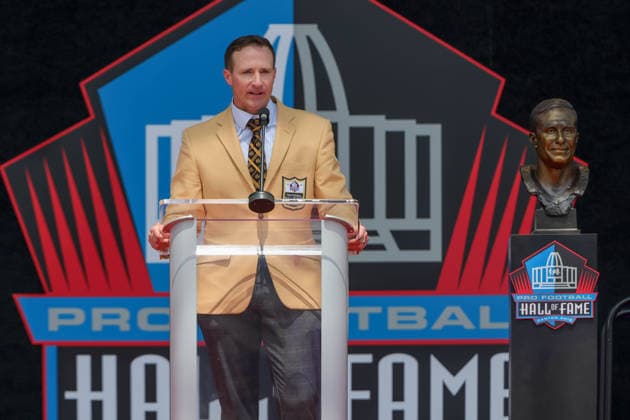 August 8, 2026: Drew Brees gives his Hall of Fame speech during the NFL, American Football Herren, USA Hall of Fame Enshrinement Ceremony at the Tom Benson Hall of Fame Stadium in Canton, OH. CSM Canton USA - ZUMAc04_ 20260808_zma_c04_246 Copyright: xJonathanxMailhesx