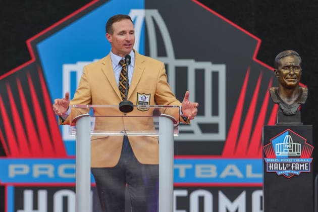 August 8, 2026: Drew Brees gives his Hall of Fame speech during the NFL, American Football Herren, USA Hall of Fame Enshrinement Ceremony at the Tom Benson Hall of Fame Stadium in Canton, OH. CSM Canton USA - ZUMAc04_ 20260808_zma_c04_247 Copyright: xJonathanxMailhesx