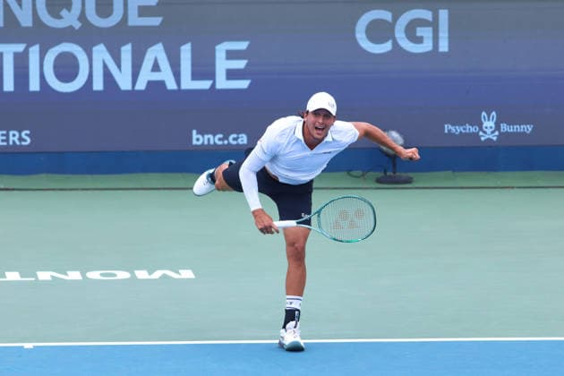 ATP, Tennis Herren Masters 1000 National Bank Open Montreal 2026 - Round of 16 - Day 8 Luciano Darderi of Italy serves during the Men™s round of 16 match against Nuno Borges of Portugal on day 8 of the ATP Masters 1000 National Bank Open at IGA Stadium. on August 8, 2026, in Montreal, Canada. (Photo by Horacio Zamora Eyepix Group) Copyright: xHoracioxZamorax xEyepixxGroupx HZ_08082026_194930