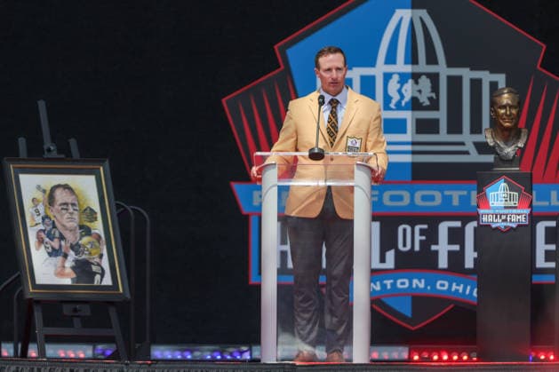 August 8, 2026: Drew Brees gives his Hall of Fame speech during the NFL, American Football Herren, USA Hall of Fame Enshrinement Ceremony at the Tom Benson Hall of Fame Stadium in Canton, OH. CSM Canton USA - ZUMAc04_ 20260808_zma_c04_267 Copyright: xJonathanxMailhesx