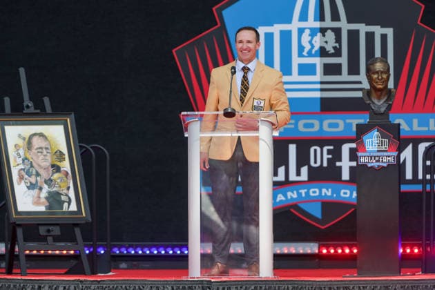 August 8, 2026: Drew Brees gives his Hall of Fame speech during the NFL, American Football Herren, USA Hall of Fame Enshrinement Ceremony at the Tom Benson Hall of Fame Stadium in Canton, OH. CSM Canton USA - ZUMAc04_ 20260808_zma_c04_269 Copyright: xJonathanxMailhesx