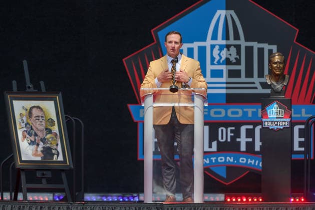 August 8, 2026: Drew Brees gives his Hall of Fame speech during the NFL, American Football Herren, USA Hall of Fame Enshrinement Ceremony at the Tom Benson Hall of Fame Stadium in Canton, OH. CSM Canton USA - ZUMAc04_ 20260808_zma_c04_280 Copyright: xJonathanxMailhesx