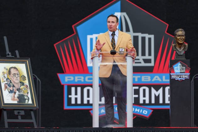 August 8, 2026: Drew Brees gives his Hall of Fame speech during the NFL, American Football Herren, USA Hall of Fame Enshrinement Ceremony at the Tom Benson Hall of Fame Stadium in Canton, OH. CSM Canton USA - ZUMAc04_ 20260808_zma_c04_281 Copyright: xJonathanxMailhesx