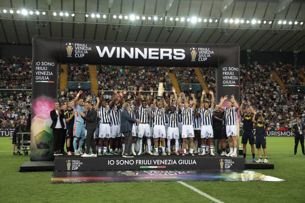 IPA87332640 - Udinese fans celebrate during the FVG Cup match between Udinese Calcio and Nottingham Forest Football Club at the Bluenergy Stadium in Udine, Italy, on August 8, 2026.  Copyright: xMattiaxRadoni IPAxSportx xx 87332640