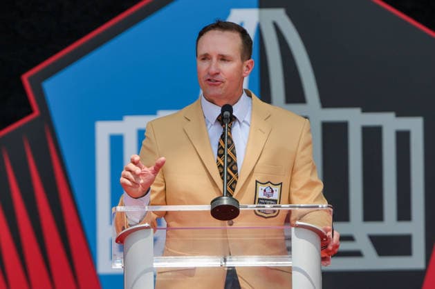 NFL, American Football Herren, USA 2026: NFL Hall Of Fame Enshrinement Ceremony AUG 08 August 8, 2026: Drew Brees gives his Hall of Fame speech during the NFL Hall of Fame Enshrinement Ceremony at the Tom Benson Hall of Fame Stadium in Canton, OH. Jonathan Mailhes CSM (Credit Image: Â Jonathan Mailhes Cal Media) Canton Oh USA EDITORIAL USE ONLY Copyright: xx ZUMA-20260808_zma_c04_285.jpg JonathanxMailhesx csmphotothree509749