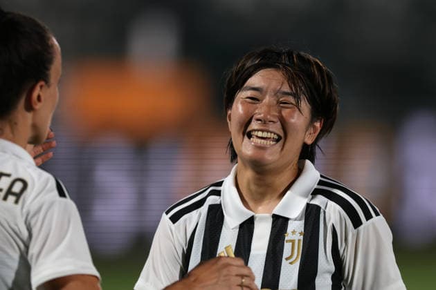 Biella, Italy, 8th August 2026. Remina Chiba of Juventus celebrates with team mate Barbara Bonansea after scoring to give the hosts a 3-1 lead during the Juventus Women vs Hammarby IF UEFA Womens Champions League match at Stadio Vittorio Pozzo, Biella. Picture credit should read: Jonathan Moscrop Sportimage EDITORIAL USE ONLY. No use with unauthorised audio, video, data, fixture lists, club league logos or live services. Online in-match use limited to 120 images, no video emulation. No use in betting, games or single club league player publications. SPI_018_JM_JUVE_HAMMARBY_UWCL SPI-4904-0018