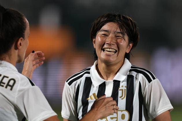Biella, Italy, 8th August 2026. Remina Chiba of Juventus celebrates with team mate Barbara Bonansea after scoring to give the hosts a 3-1 lead during the Juventus Women vs Hammarby IF UEFA Womens Champions League match at Stadio Vittorio Pozzo, Biella. Picture credit should read: Jonathan Moscrop Sportimage EDITORIAL USE ONLY. No use with unauthorised audio, video, data, fixture lists, club league logos or live services. Online in-match use limited to 120 images, no video emulation. No use in betting, games or single club league player publications. SPI_019_JM_JUVE_HAMMARBY_UWCL SPI-4904-0019