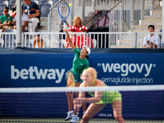 August 8, 2026, Toronto, On, Canada: Shuai Zhang of China serves the ball in her doubles match with teammate Katerina Siniakova of Czechia against Coco Gauff and Caty McNally of the United States during National Bank Open tennis action in Toronto, on Saturday, Aug. 8, 2026. Canada News - August 8, 2026  - ZUMAc35_ 20260808_zaf_c35_082 Copyright: xKeitoxNewmanx