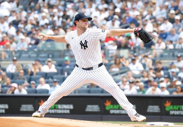 New York Yankees starting pitcher Gerrit Cole throws a pitch in the 1st inning against the Atlanta Braves at Yankee Stadium on Saturday, August 8, 2026 in New York City.  NYP20260808103 JOHNxANGELILLO