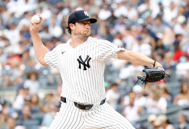 New York Yankees starting pitcher Gerrit Cole throws a pitch in the 4th inning against the Atlanta Braves at Yankee Stadium on Saturday, August 8, 2026 in New York City.  NYP20260808113 JOHNxANGELILLO