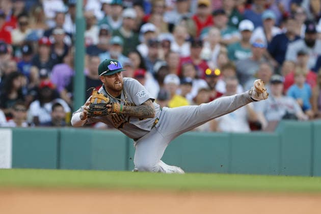 Athletics third baseman Tommy White makes a throw to second base during the sixth inning against the Boston Red Sox at Fenway Park in Boston, Massachusetts on Saturday, August 8, 2026.  BOP2026080813 CJxGUNTHER