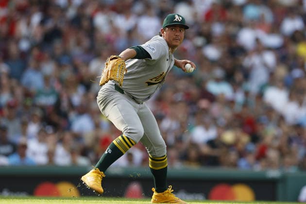Athletics pitcher Gage Jump makes a throw to first base during the fifth inning against the Boston Red Sox at Fenway Park in Boston, Massachusetts on Saturday, August 8, 2026.  BOP2026080812 CJxGUNTHER