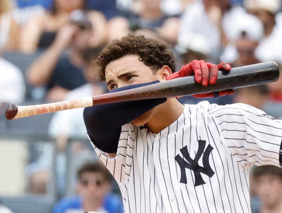 New York Yankees George Lombard Jr. reacts after a swing in the 2nd inning against the Atlanta Braves at Yankee Stadium on Saturday, August 8, 2026 in New York City.  NYP20260808107 JOHNxANGELILLO