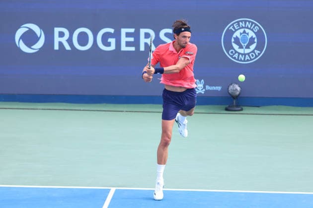 ATP, Tennis Herren Masters 1000 National Bank Open Montreal 2026 - Round of 16 - Day 8 Arthur Rinderknech of France plays a backhand during the Men™s round of 16 match against Brandon Nakashima of United States on day 8 of the ATP Masters 1000 National Bank Open at IGA Stadium. on August 8, 2026, in Montreal, Canada. (Photo by Horacio Zamora Eyepix Group) Copyright: xHoracioxZamorax xEyepixxGroupx HZ_08082026_195042