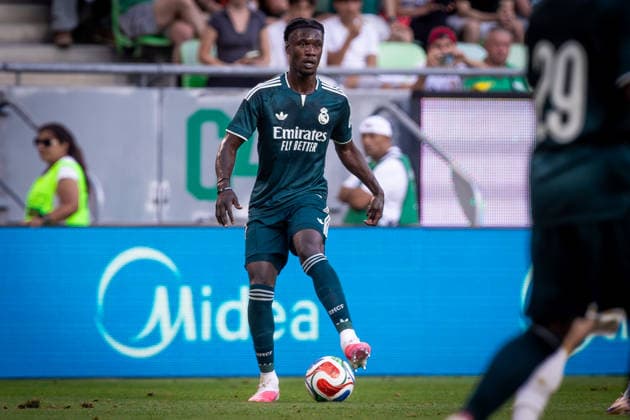 Fußball, Testspiel, Ferencvaros Budapest -Real Madrid FERENCVAROS - REAL MADRID Eduardo Camavinga of Real on the ball during the FIFA friendly football match between Ferencvaros and Ream Madrid CF at the Ferencvaros stadium (Groupama arena). Budapest, Hungary, August 08, 2026. Photo by Branislav Racko Copyright: xx 080A8277