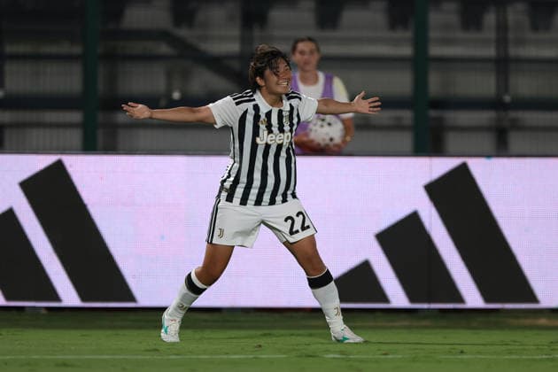 Biella, Italy, 8th August 2026. Remina Chiba of Juventus celebrates after scoring to give the side a 3-1 lead during the Juventus Women vs Hammarby IF UEFA Womens Champions League match at Stadio Vittorio Pozzo, Biella. Picture credit should read: Jonathan Moscrop Sportimage EDITORIAL USE ONLY. No use with unauthorised audio, video, data, fixture lists, club league logos or live services. Online in-match use limited to 120 images, no video emulation. No use in betting, games or single club league player publications. SPI_025_JM_JUVE_HAMMARBY_UWCL SPI-4904-0025