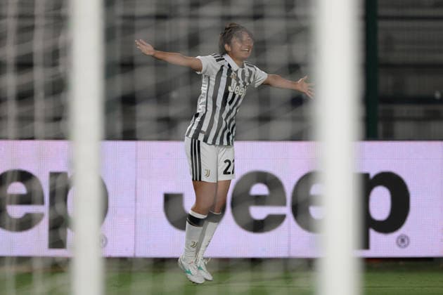 Biella, Italy, 8th August 2026. Remina Chiba of Juventus celebrates after scoring to give the side a 3-1 lead during the Juventus Women vs Hammarby IF UEFA Womens Champions League match at Stadio Vittorio Pozzo, Biella. Picture credit should read: Jonathan Moscrop Sportimage EDITORIAL USE ONLY. No use with unauthorised audio, video, data, fixture lists, club league logos or live services. Online in-match use limited to 120 images, no video emulation. No use in betting, games or single club league player publications. SPI_026_JM_JUVE_HAMMARBY_UWCL SPI-4904-0026