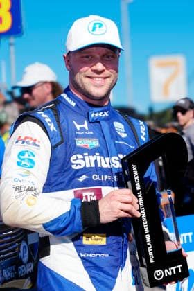 August 8, 2026, Portland, Oregon, USA: Felix Rosenqvist, driver of the 60 Meyer Shank Racing Honda, celebrates after capturing pole position during qualifying for the IndyCar, Indy Car, IRL, USA Grand Prix of Portland at the Portland International Raceway. IndyCar Qualifying Portland Grand Prix  - ZUMAd212 20260808_zsp_d212_007 Copyright: xRichardxDolex